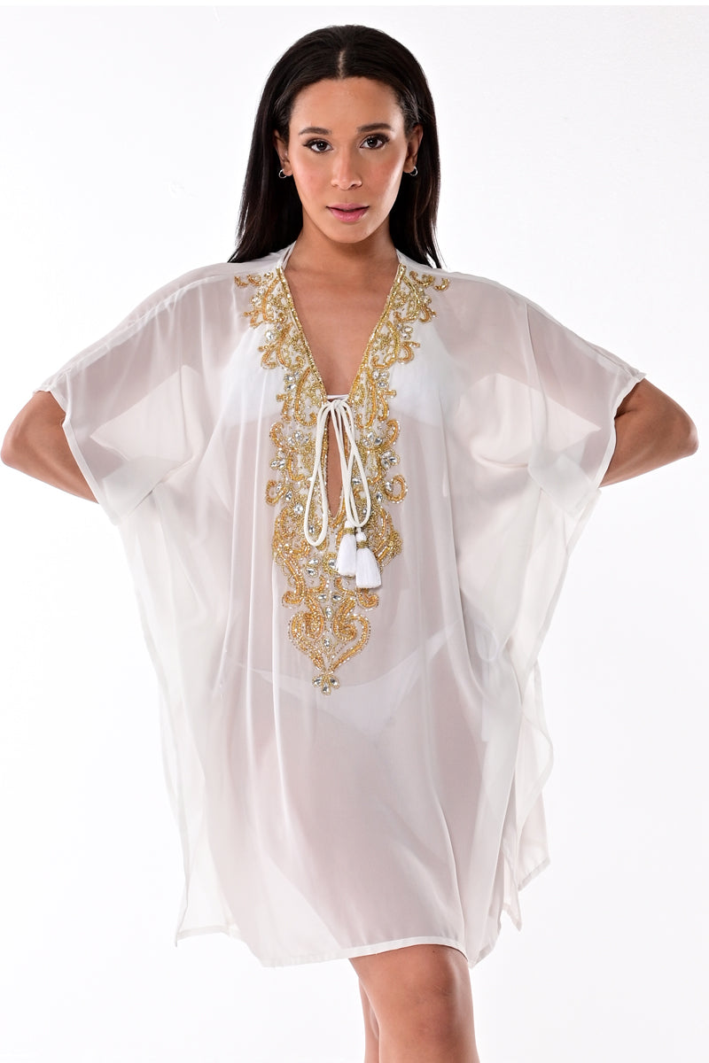 AZUCAR LADIES LONG TUNIC IVORY ON MODEL - BEACH WEAR - LPT1732