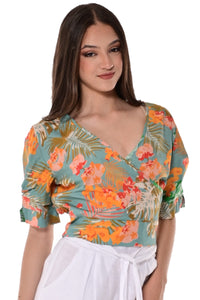 AZUCAR LADIES PRINTED V-NECK BLOUSE on a model front view - LRB1712