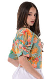 AZUCAR LADIES PRINTED V-NECK BLOUSE on a model side view- LRB1712