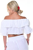 AZUCAR LADIES OFF THE SHOULDER COTTON WHITE TOP on model back view- LRB1713OS