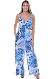 Azucar Ladies Cotton One Piece Leaf Print Design Jumpsuit on model blue leaf- LCJ1359