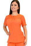 Azucar Ladies Woven Laced Short Sleeved Blouse - orange on model LRPB154