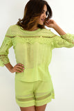Azucar Ladies Crochet & Lace 3/4 Sleeve Blouse - LIME ON MODELLRPB304
