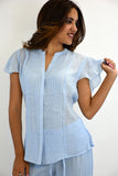 Azucar Ladies Pin-Tucked Short Sleeve Blouse - lt blue on model  LRPB307
