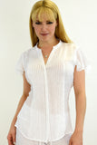 Azucar Ladies Pin-Tucked Short Sleeve Blouse - white on model LRPB307