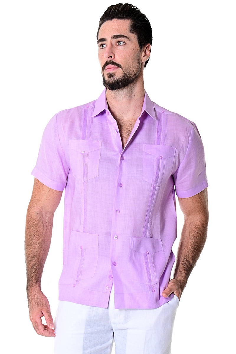 Bohio 100% Linen Guayabera Shirt for Men's 4 Pocket Short Sleeve