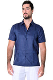 Bohio Guayabera Shirt For Men - Classic Linen Chacavana (4) Pocket Short Sleeve in NAVY FRONT - LS499