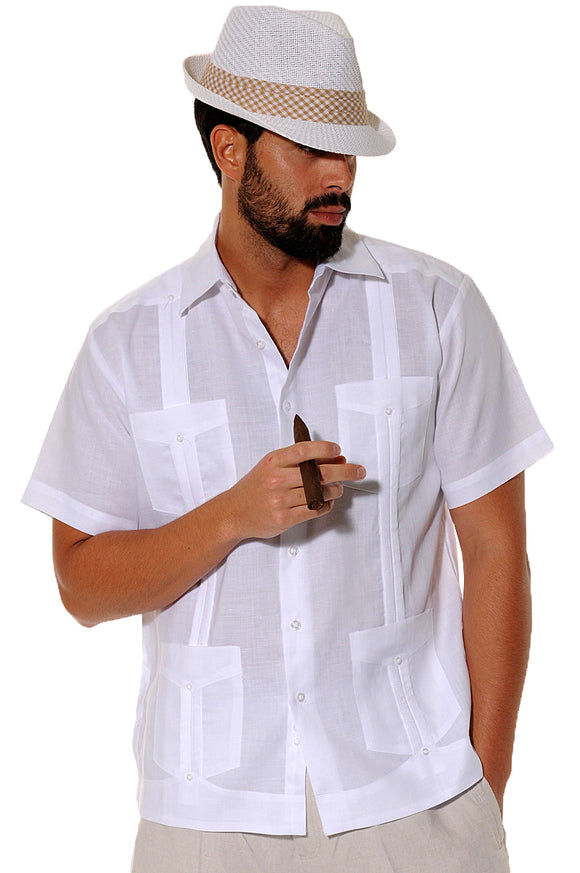 Bohio Guayabera Shirt For Men - Classic Linen Chacavana (4) Pocket Short Sleeve in WHITE FRONT - LS499