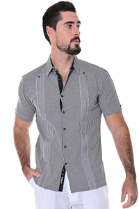 Bohio Mens Guayabera Style Gingham Pattern Cuban Shirt - Button Up Short Sleeve - black MCG1372