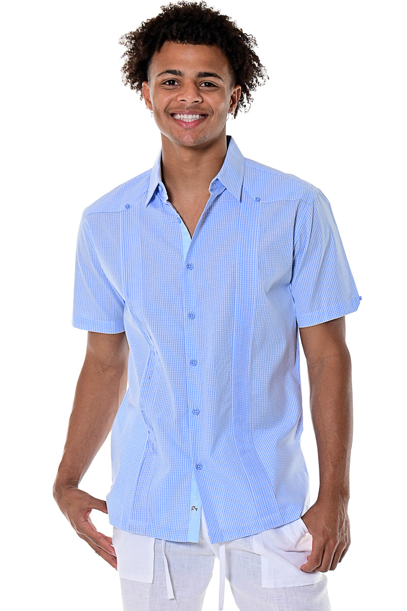 Bohio Mens Guayabera Style Gingham Pattern Cuban Shirt - Button Up Short Sleeve - MCG1372Bohio Mens Guayabera Style Gingham Pattern CubanBohio Mens Guayabera Style Gingham Pattern Cuban Shirt - Button Up Short Sleeve - lt. blue  MCG1372