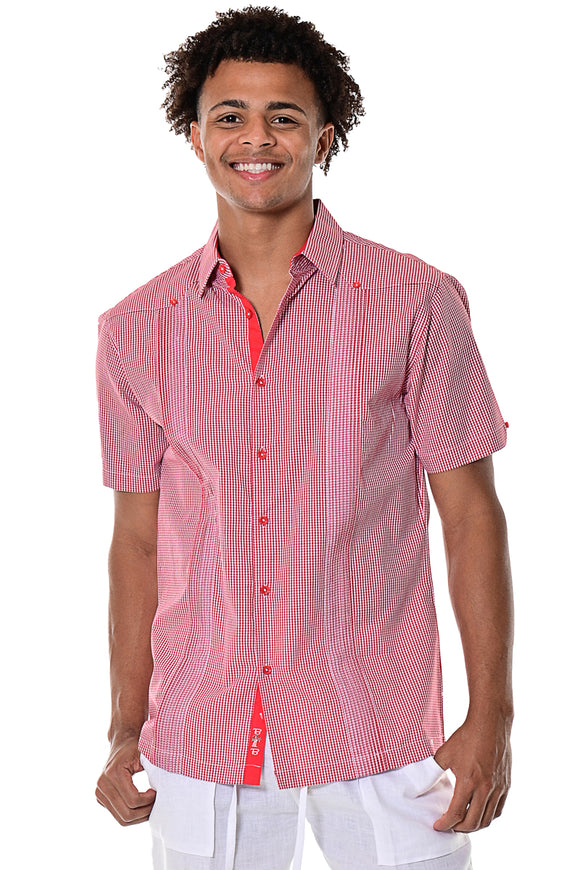 Bohio Mens Guayabera Style Gingham Pattern Cuban Shirt - Button Up Short Sleeve - red front MCG1372