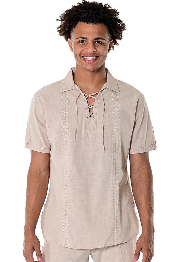 Bohio Mens White Cotton Casual Beach Summer Drawstring Collar Short Sleeve Shirt - MCS1078 Natural 