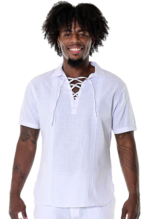 Bohio Mens White Cotton Casual Beach Summer Drawstring Collar Short Sleeve Shirt - MCS1078 White