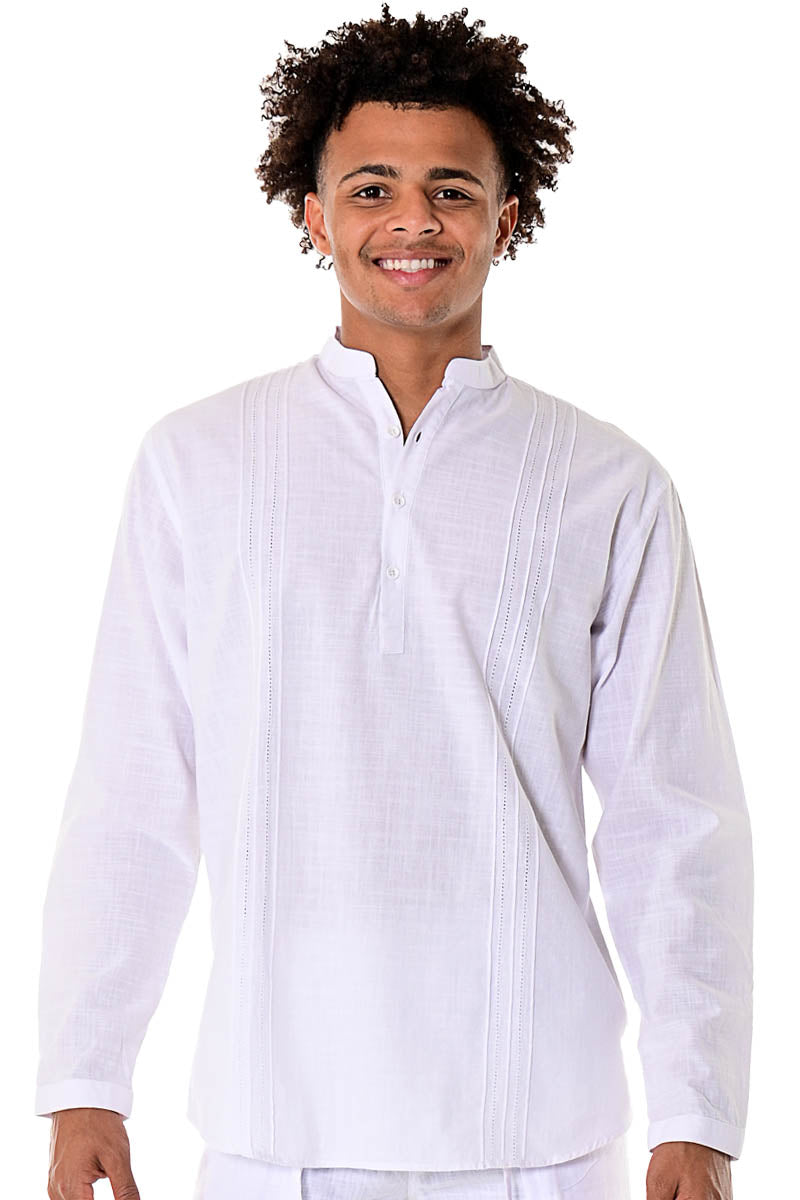 Bohio Men's Cotton Beach Summer Casual Pin-Tuck Banded Collar Long Sleeve  Shirt in (3) Colors-MCS1079