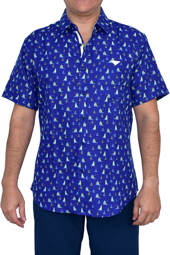 Bohio Men's Short Sleeve Button Down Nautical Sailboat Print Shirt - Blue-MCS1626