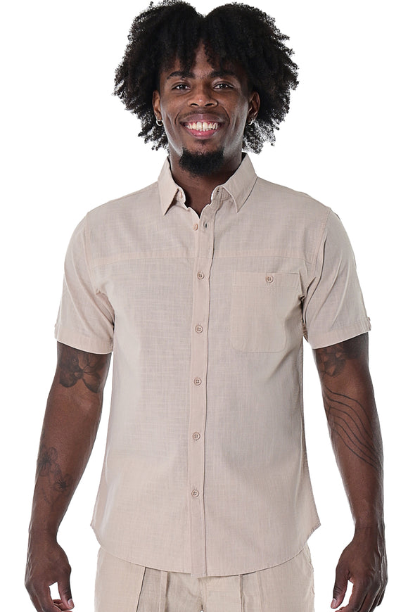 Bohio Men's 100% Cotton Casual Summer Beach Button Down Short Sleeve Shirt in Natural -MCS1645