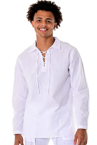 Bohio Men's 100% Cotton Summer Casual Drawstring Collar Long Sleeve Beach Shirt in (2) Colors-MCS1646