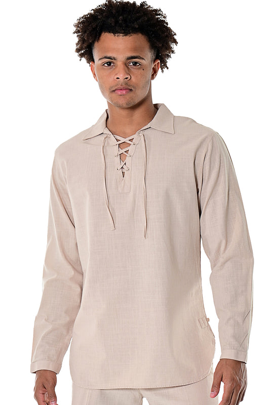 Bohio Men's 100% Cotton Summer Casual Drawstring Collar Long Sleeve Beach Shirt in (2) Colors-MCS1646 - Casual Tropical Wear