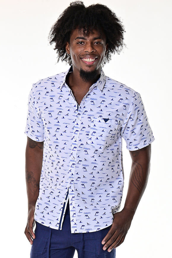 Men's Short Sleeve Shirt for Men w/Dolphin Design Print White