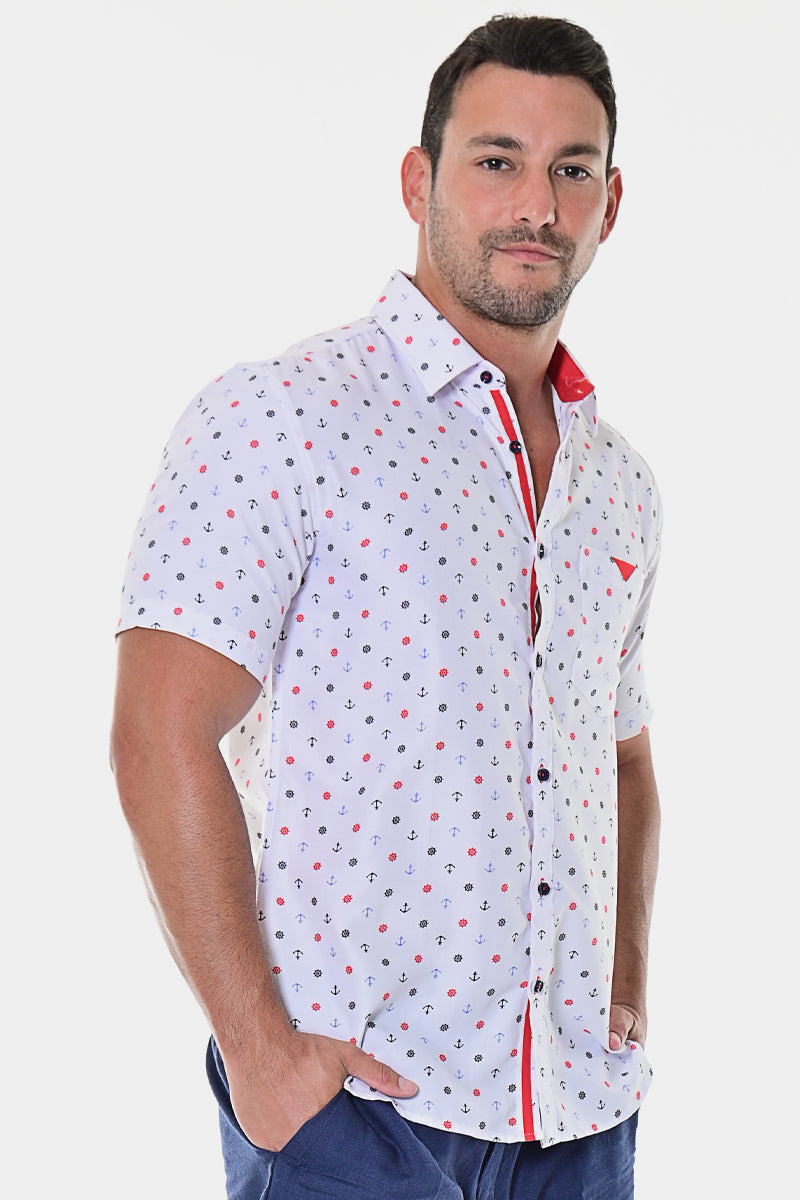 Bohio Casual Short Sleeve Button Down Shirt Nautical Helm and
