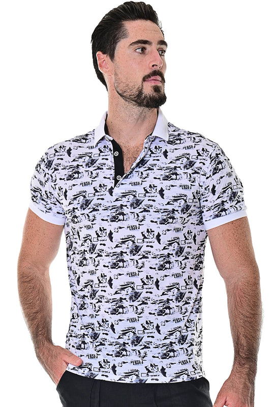 Men's Polo Shirt Short Sleeve Modern Pattern Golf White/Black - MKT1568 - Casual Tropical Wear