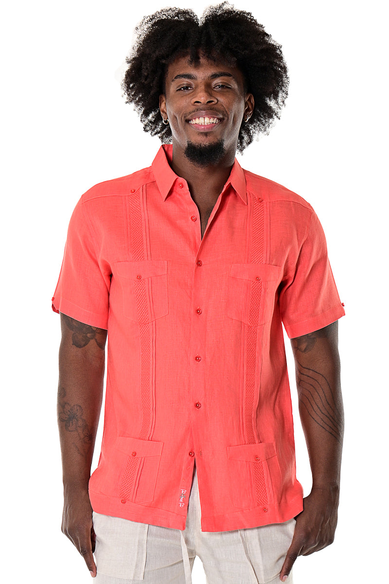 BOHIO MENS FANCY EMBROIDERED GUAYABERA CHACABANA CUBAN SHIRT 100% LINEN - BRICK ON MODEL - MLG1272