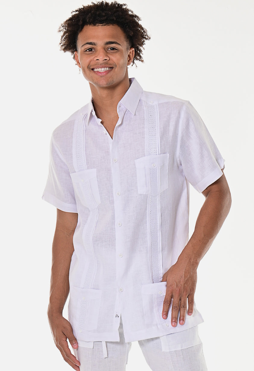 BOHIO MENS FANCY EMBROIDERED GUAYABERA CHACABANA CUBAN SHIRT 100% LINEN - WHITE ON MODEL - MLG1272