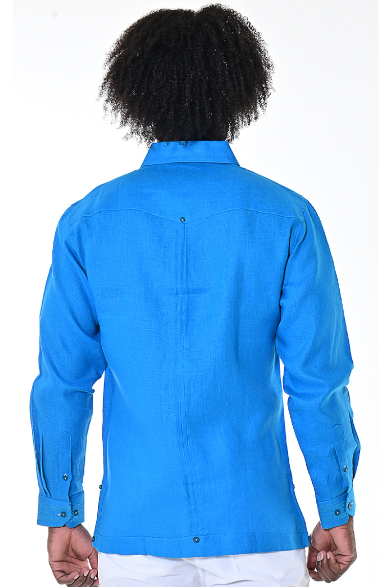 BOHIO MENS FANCY GUAYABERA SHIRT STYLE BUTTON UP 100% LINEN - Royal back - MLG1415