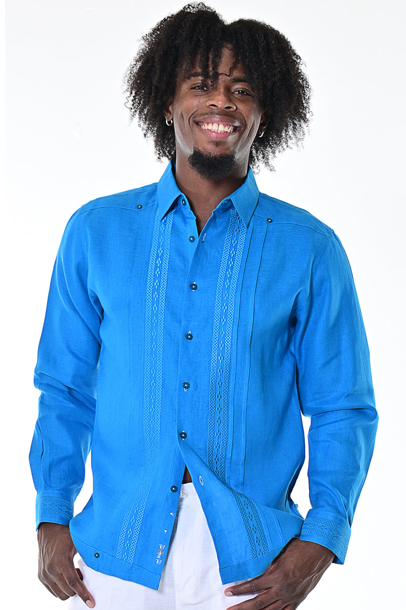 BOHIO MENS FANCY GUAYABERA SHIRT STYLE BUTTON UP 100% LINEN -Royal Front - MLG1415