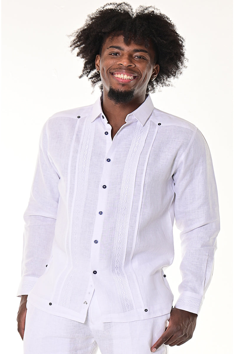 BOHIO MENS FANCY GUAYABERA SHIRT STYLE BUTTON UP 100% LINEN - White Front - MLG1415