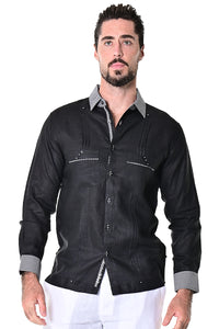 BOHIO MENS FANCY GUAYABERA SHIRT STYLE BUTTON UP WITH TWO POCKETS 100% LINEN - Black front - MLG1416
