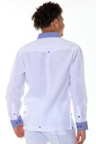 BOHIO MENS FANCY GUAYABERA SHIRT STYLE BUTTON UP WITH TWO POCKETS 100% LINEN - white/navy back - MLG1416