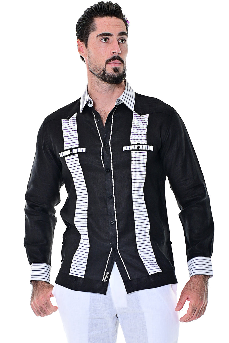 BOHIO MENS FANCY GUAYABERA CHACAVANA SHIRT 100% LINEN - black/white front - MLG1418