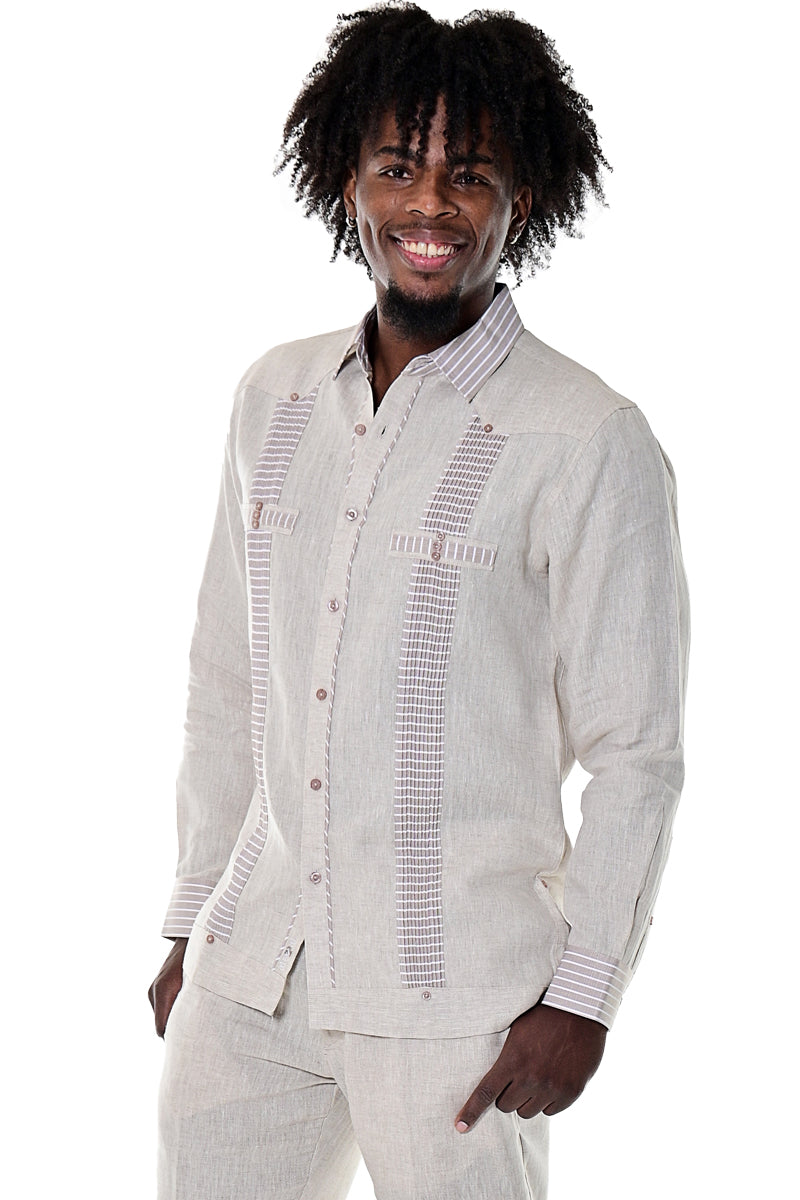 BOHIO MENS FANCY GUAYABERA CHACAVANA SHIRT 100% LINEN - natural/beige - MLG1418