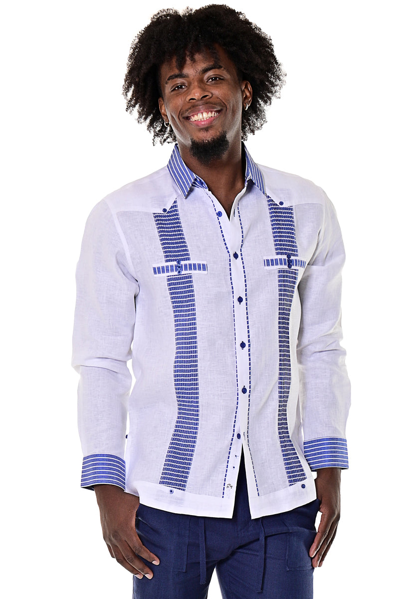 BOHIO MENS FANCY GUAYABERA CHACAVANA SHIRT 100% LINEN - white/blue - MLG1418