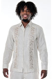 BOHIO MENS FANCY GUAYABERA SHIRT STYLE BUTTON UP FRONT EMBROIDERED WITH CUFF 100% LINEN - natural - MLG1685