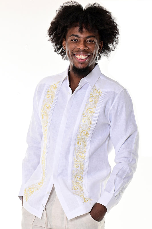 BOHIO MENS FANCY GUAYABERA SHIRT STYLE BUTTON UP FRONT EMBROIDERED WITH CUFF 100% LINEN - white/gold - MLG1685