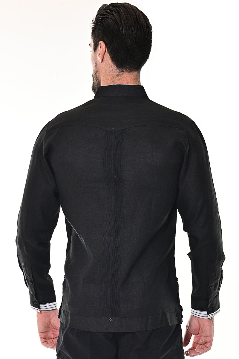 BOHIO MENS FANCY GUAYABERA TUXEDO STYLE PLEATED 100% LINEN - black/white back - MLG1686