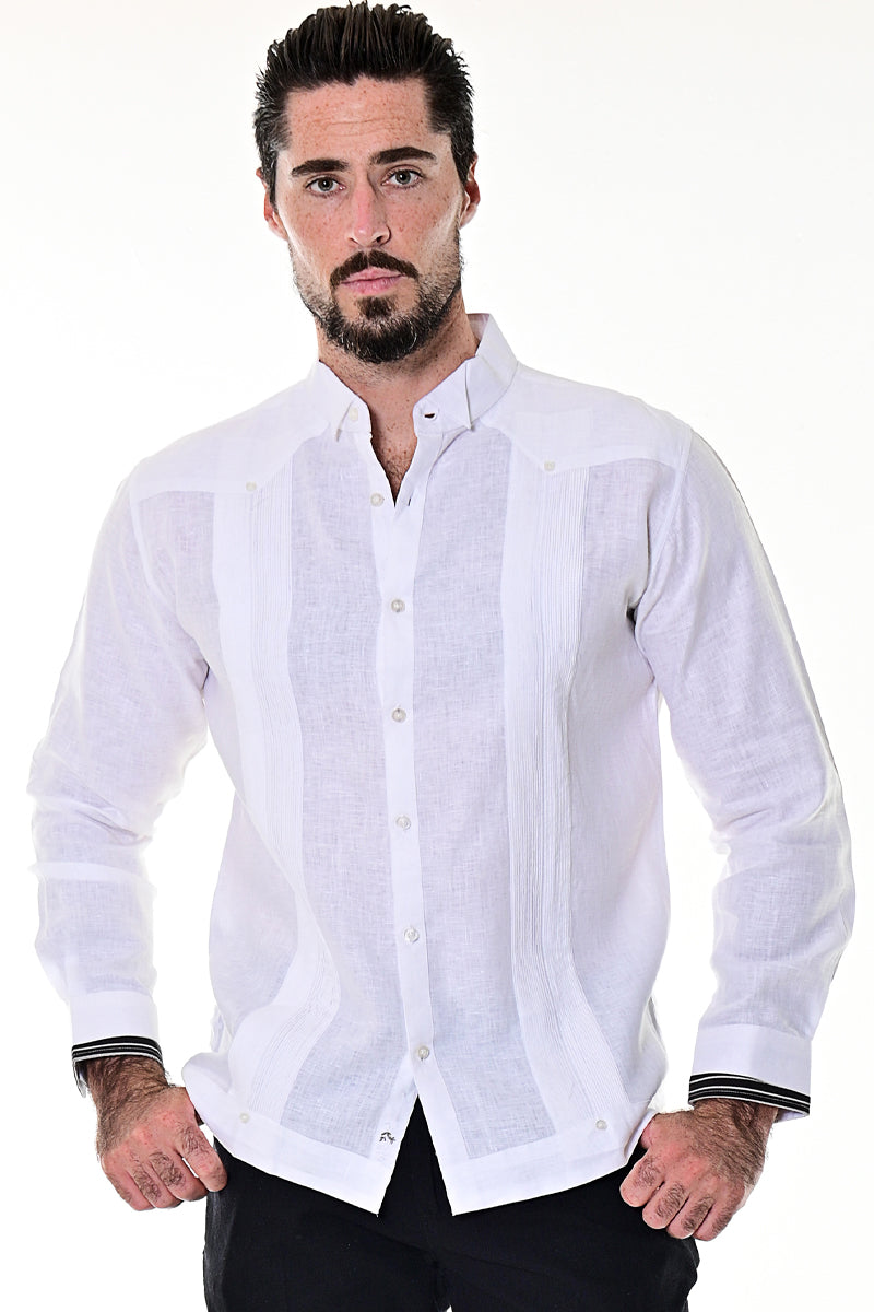 BOHIO MENS FANCY GUAYABERA TUXEDO STYLE PLEATED 100% LINEN - white/black - MLG1686