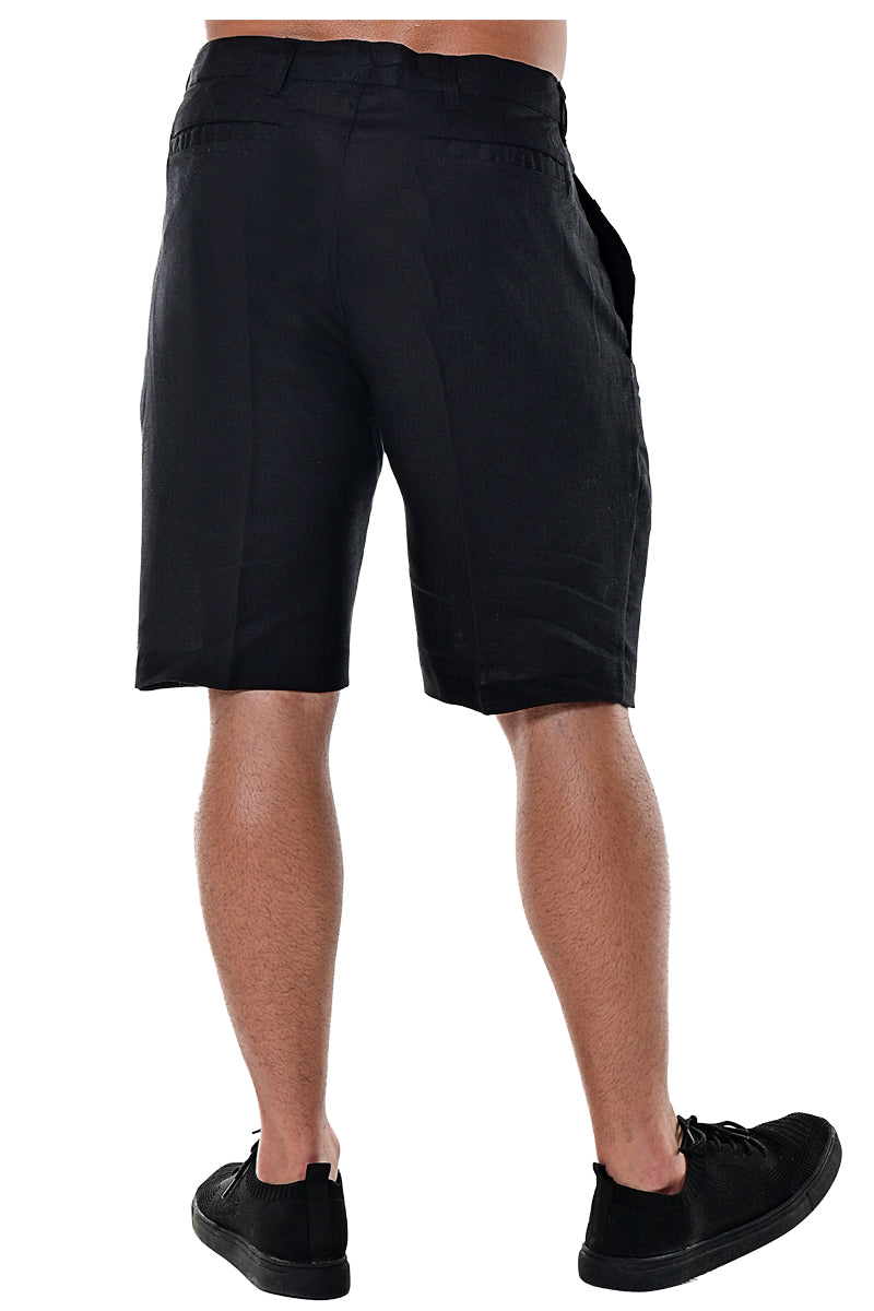 BOHIO MENS CASUAL FLAT FRONT BERMUDA SHORTS 100% LINEN - IN (7) COLORS - MLH40 BLACK BACK 