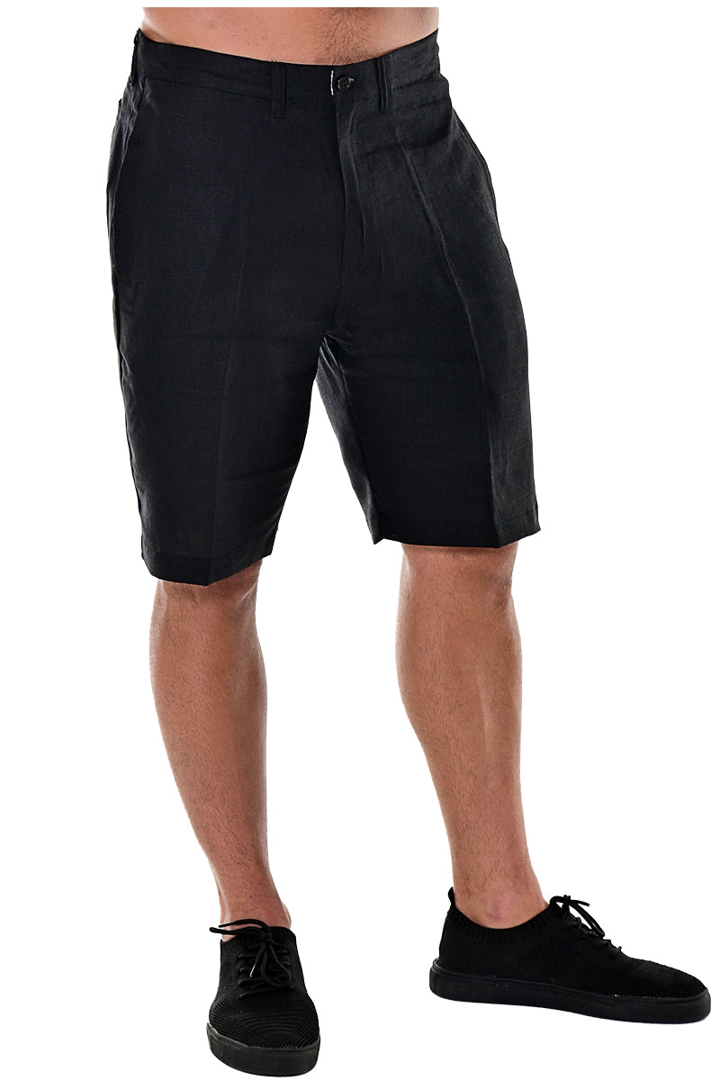 BOHIO MENS CASUAL FLAT FRONT BERMUDA SHORTS 100% LINEN - IN (7) COLORS - MLH40 BLACK 