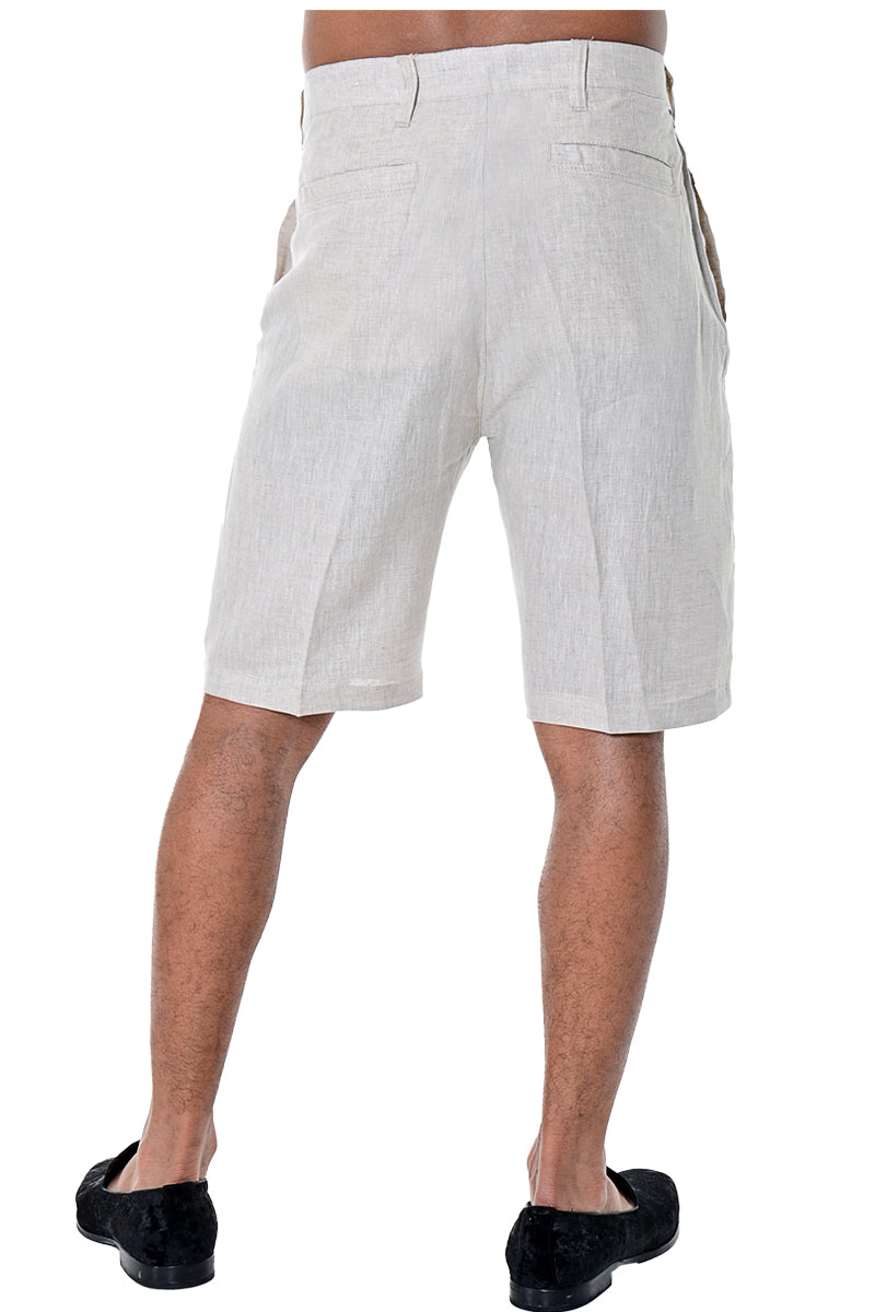BOHIO MENS CASUAL FLAT FRONT BERMUDA SHORTS 100% LINEN - IN (7) COLORS - MLH40 NATURAL BACK 