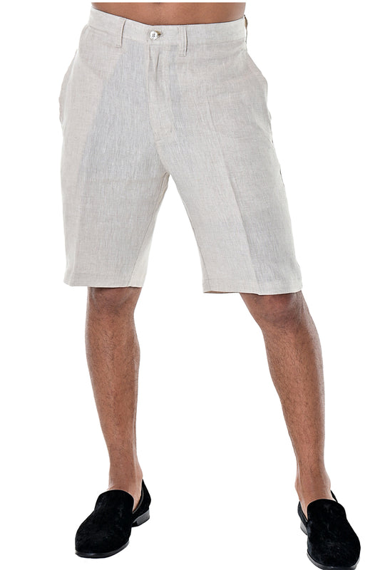 BOHIO MENS CASUAL FLAT FRONT BERMUDA SHORTS 100% LINEN - IN (7) COLORS - MLH40 NATURAL 