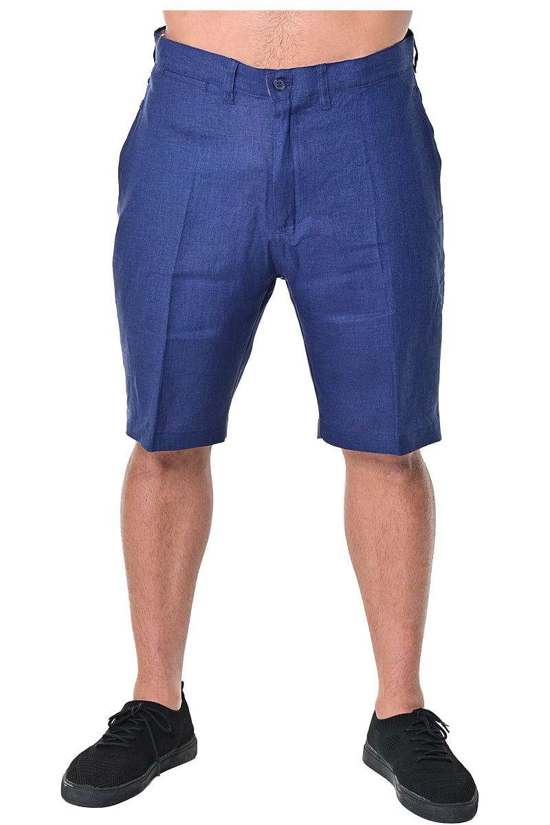 BOHIO MENS CASUAL FLAT FRONT BERMUDA SHORTS 100% LINEN - IN (7) COLORS - MLH40 NAVY 