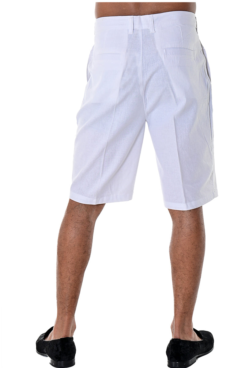 BOHIO MENS CASUAL FLAT FRONT BERMUDA SHORTS 100% LINEN - IN (7) COLORS - MLH40 WHITE BACK 