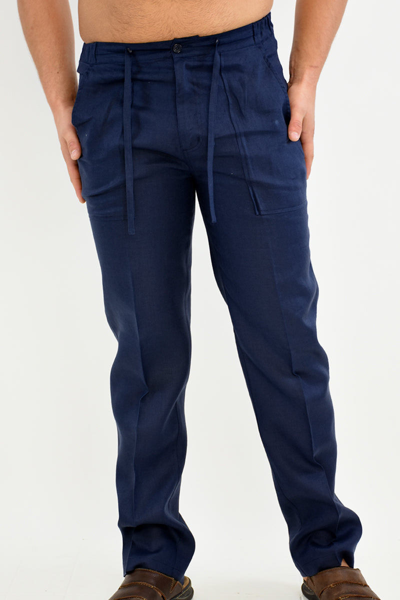 Bohio Mens Casual Summer Linen Drawstring Pants - MLP19 navy front 