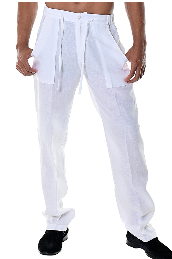 Bohio Mens Casual Summer Linen Drawstring Pants - MLP19 white 