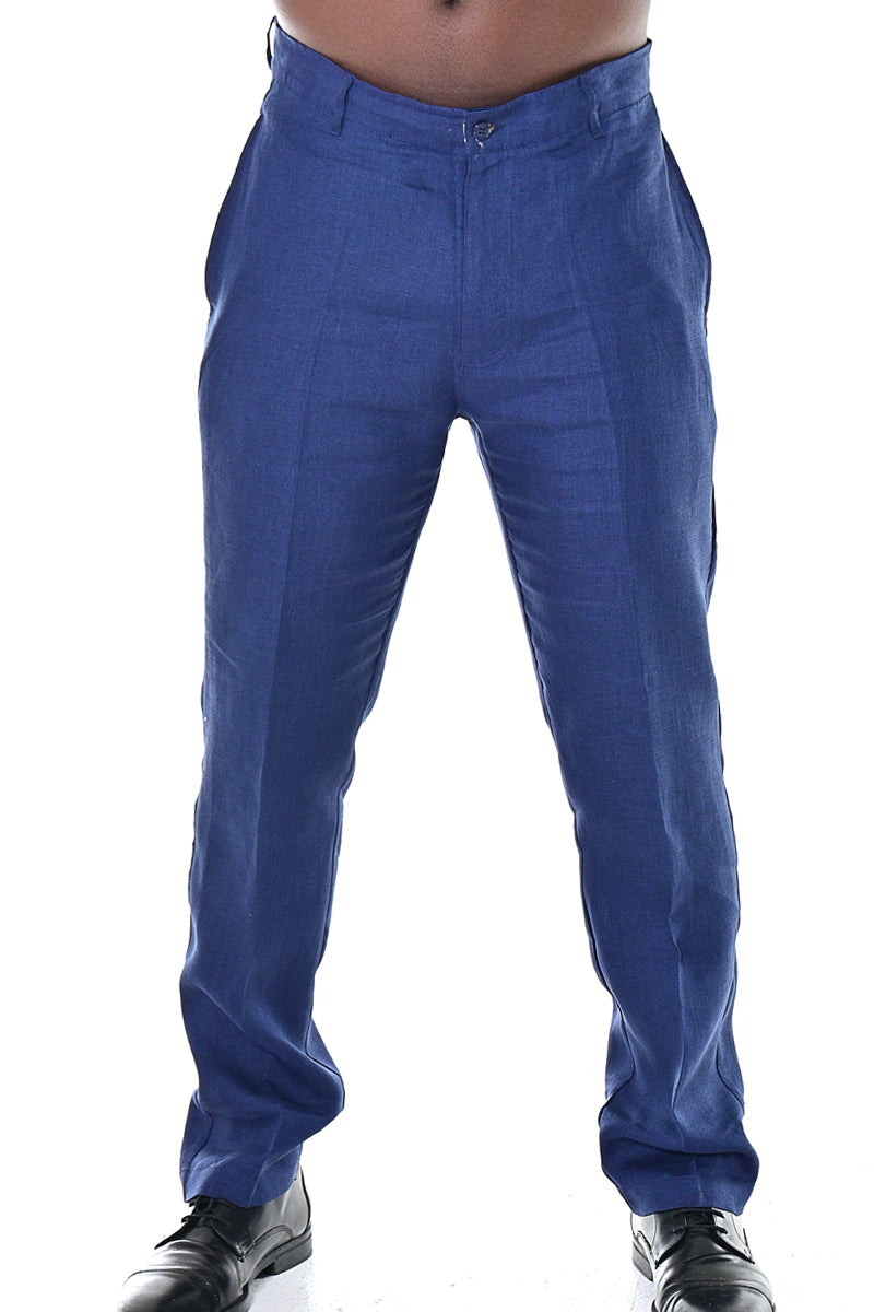 BOHIO MENS CASUAL SUMMER FLAT FRONT PANTS 100% LINEN - IN (6) COLORS - MLP50 navy 