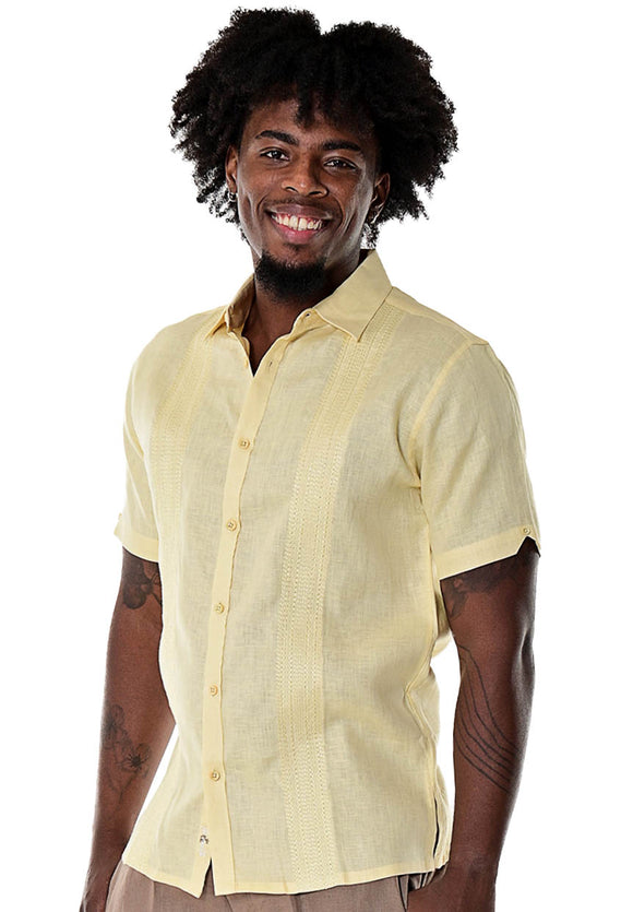 Bohio Men's 100% Linen Guayabera Style Shirt Short Sleeves w/Embroidered Panels-MLS109