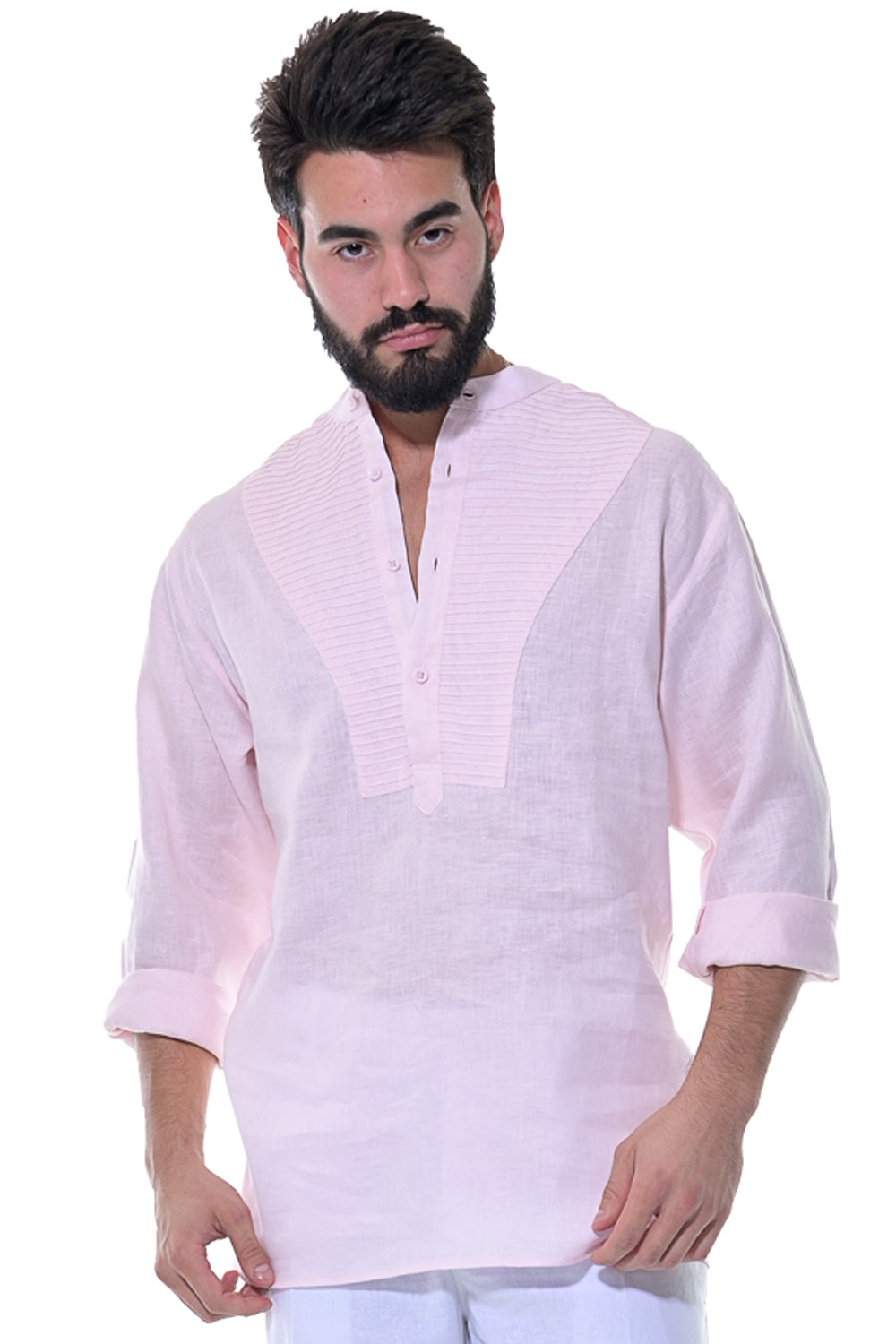 Bohio Men's 100% Linen Henley Long Sleeve Shirt w/Pin Tuck Placket